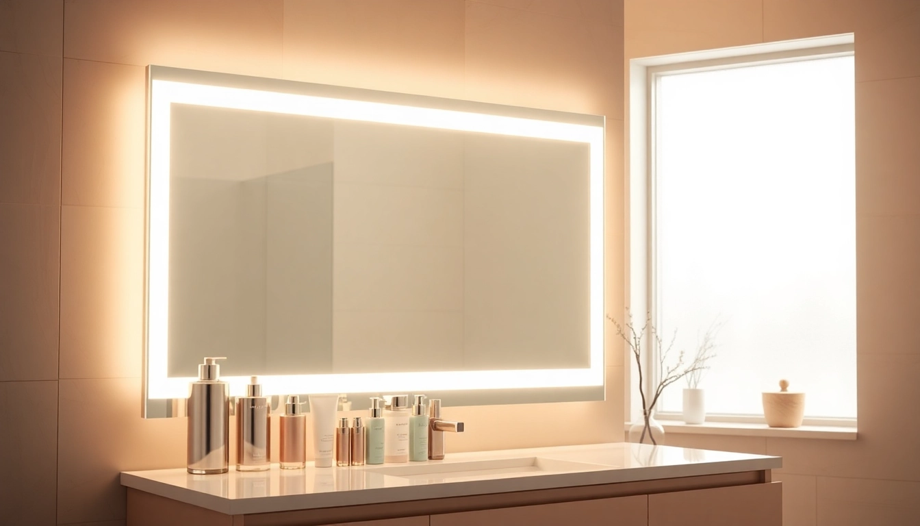 Enhance your space with a stylish mirror with lights illuminating a modern bathroom.