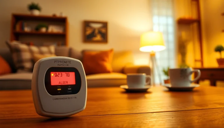 Carbon monoxide detector beeping while placed prominently on a wooden table in a cozy living room.