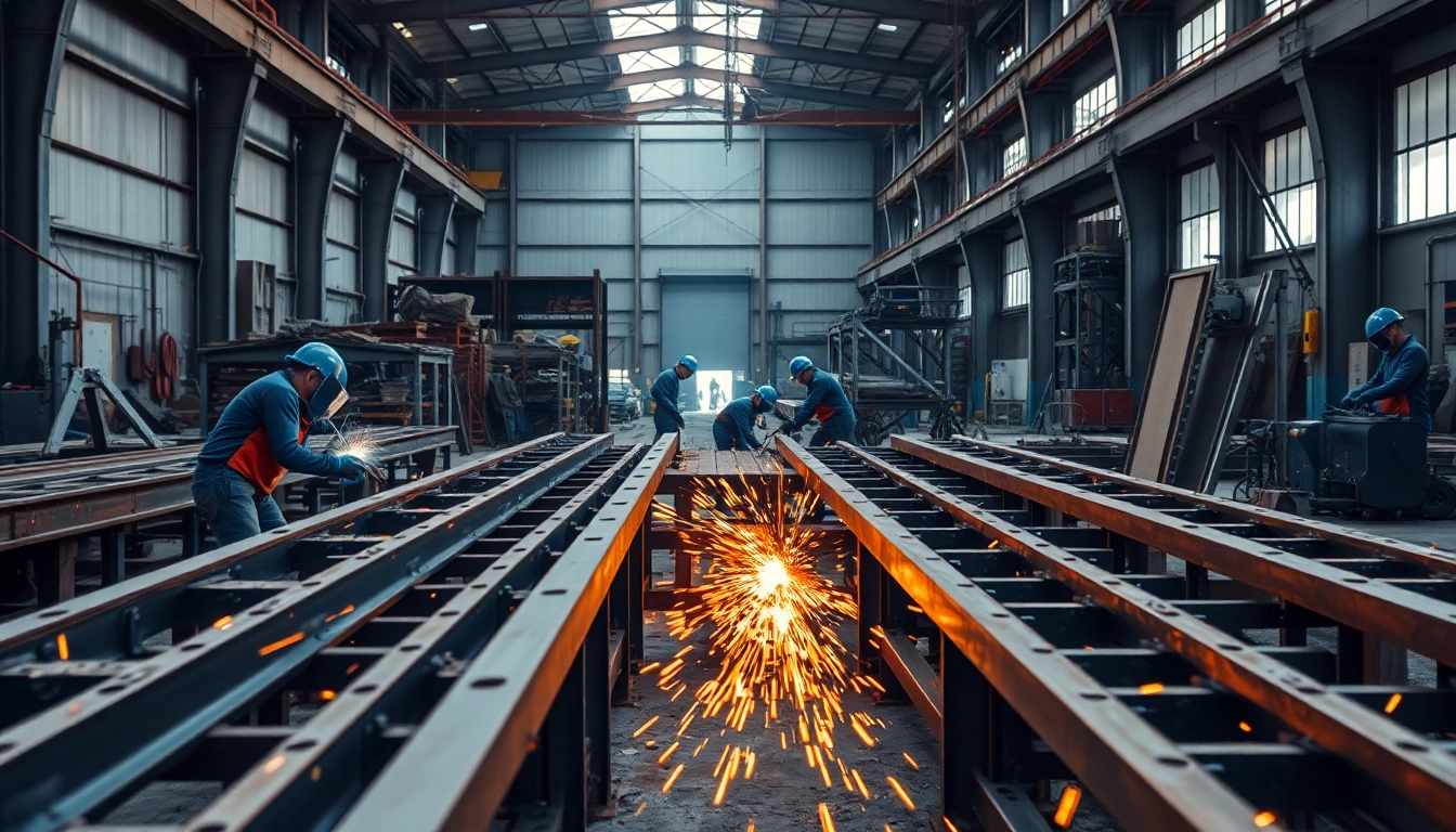 Workers in a steel fabrication shop creating intricate metal structures with skilled precision.
