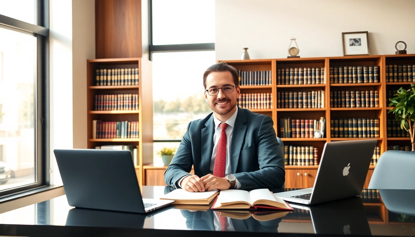 Engaging intellectual property lawyer discussing legal strategies in an elegant office.