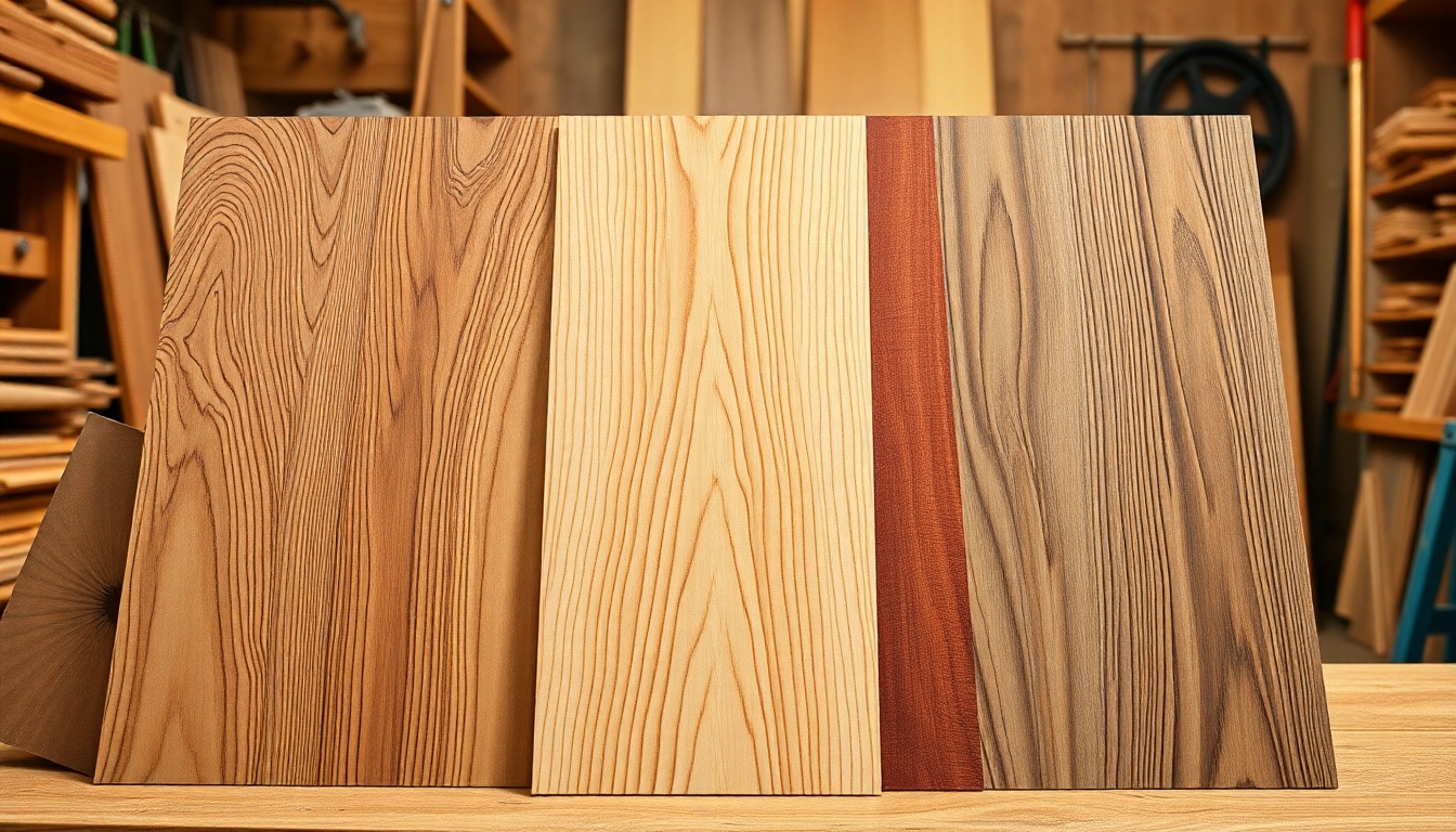 Showcase of hardwood veneer sheets highlighting diverse grains and colors for woodworking projects.