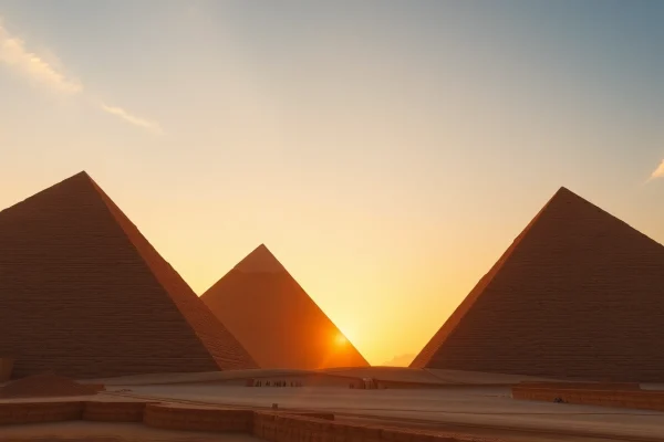 Capturing the breathtaking Giza piraminds at sunset, highlighting their ancient grandeur and beauty.
