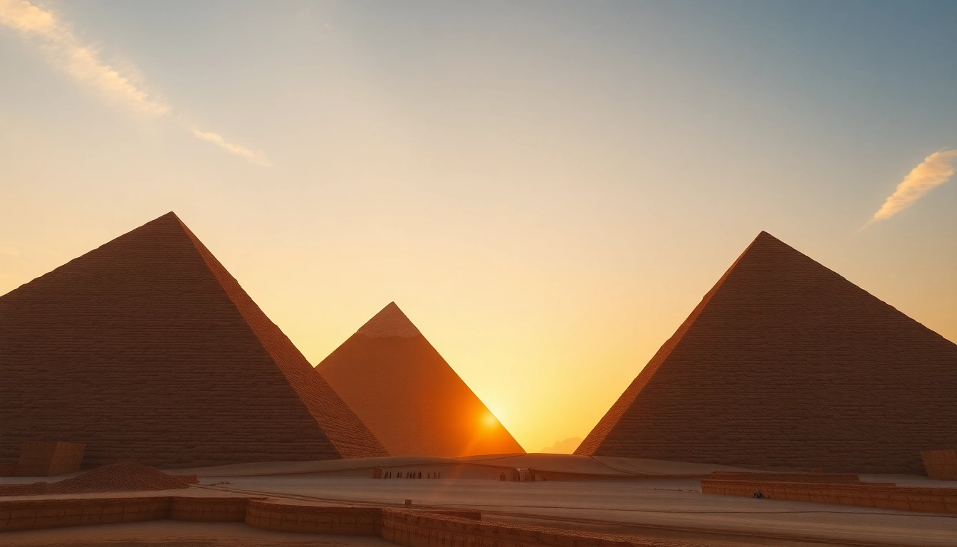 Capturing the breathtaking Giza piraminds at sunset, highlighting their ancient grandeur and beauty.