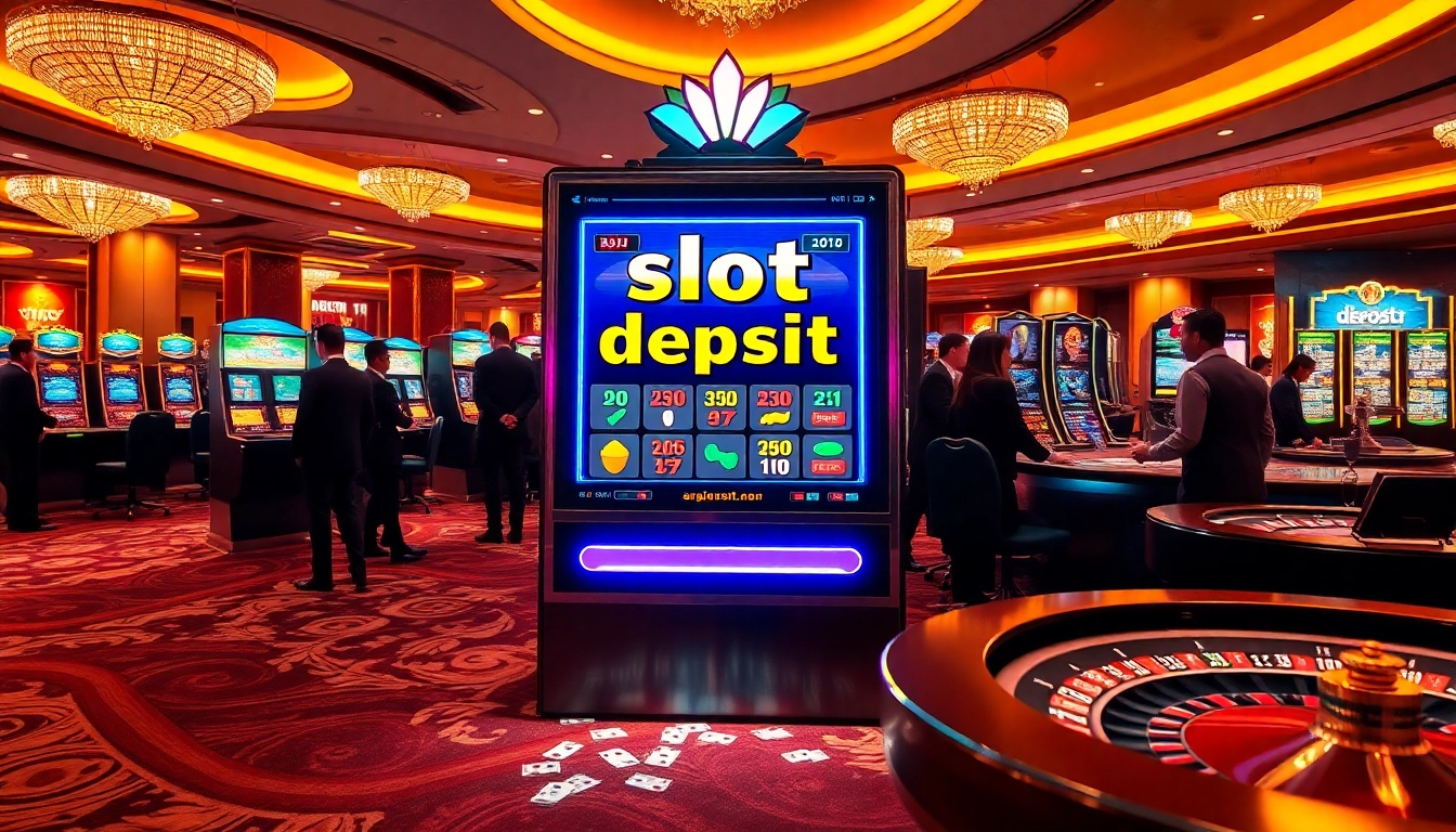 Pemain menikmati permainan mesin slot yang mendebarkan dengan fitur deposit pulsa di lingkungan kasino mewah.