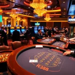 RR88 logo shines amidst an exciting casino scene featuring live gaming tables and players.