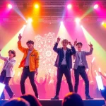 BTS news highlights a vibrant concert scene with fans and colorful stage lights.
