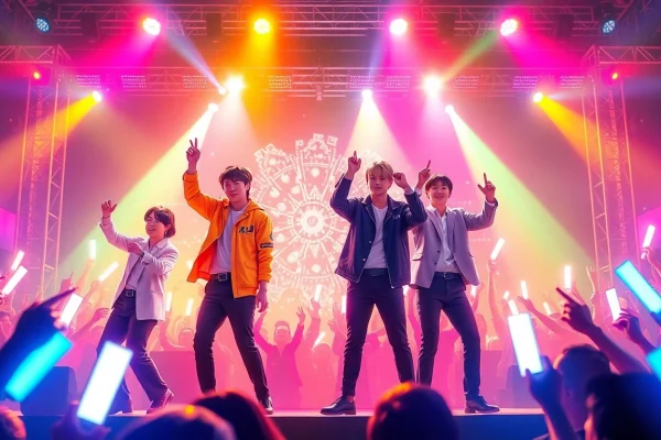 BTS news highlights a vibrant concert scene with fans and colorful stage lights.