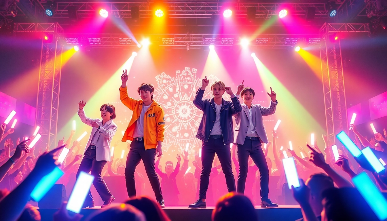 BTS news highlights a vibrant concert scene with fans and colorful stage lights.