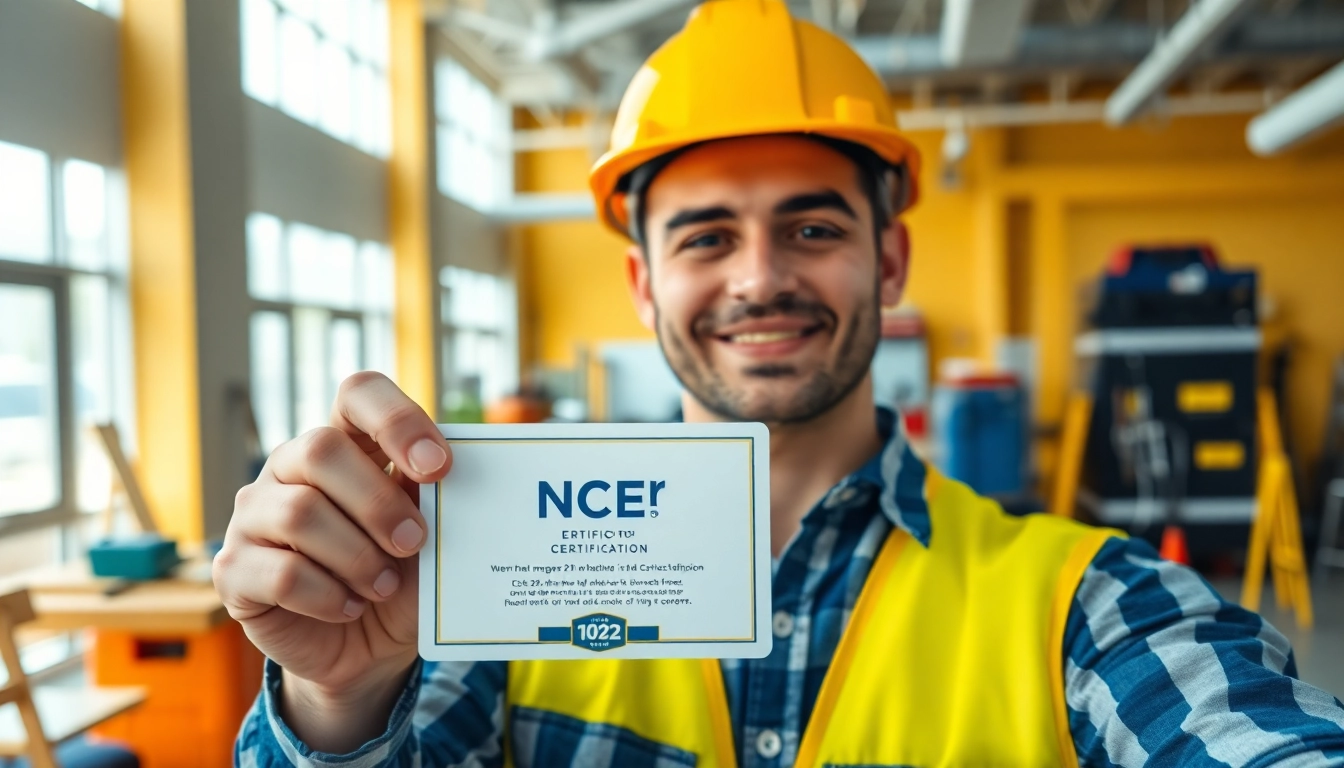 Showcasing nccer certification with a proud construction worker in a bright training center.