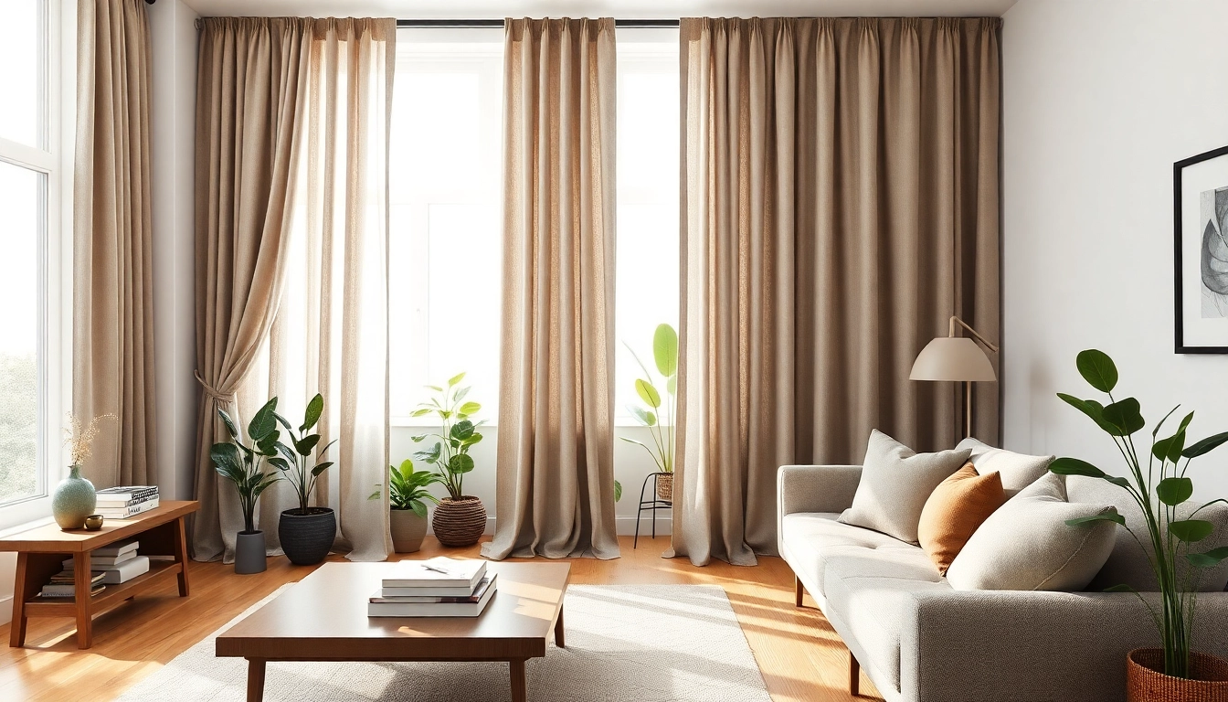 Verduisterende gordijnen in een moderne woonkamer, en zorgen voor een serene sfeer.