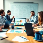 Business team develops small business marketing strategy during planning session.