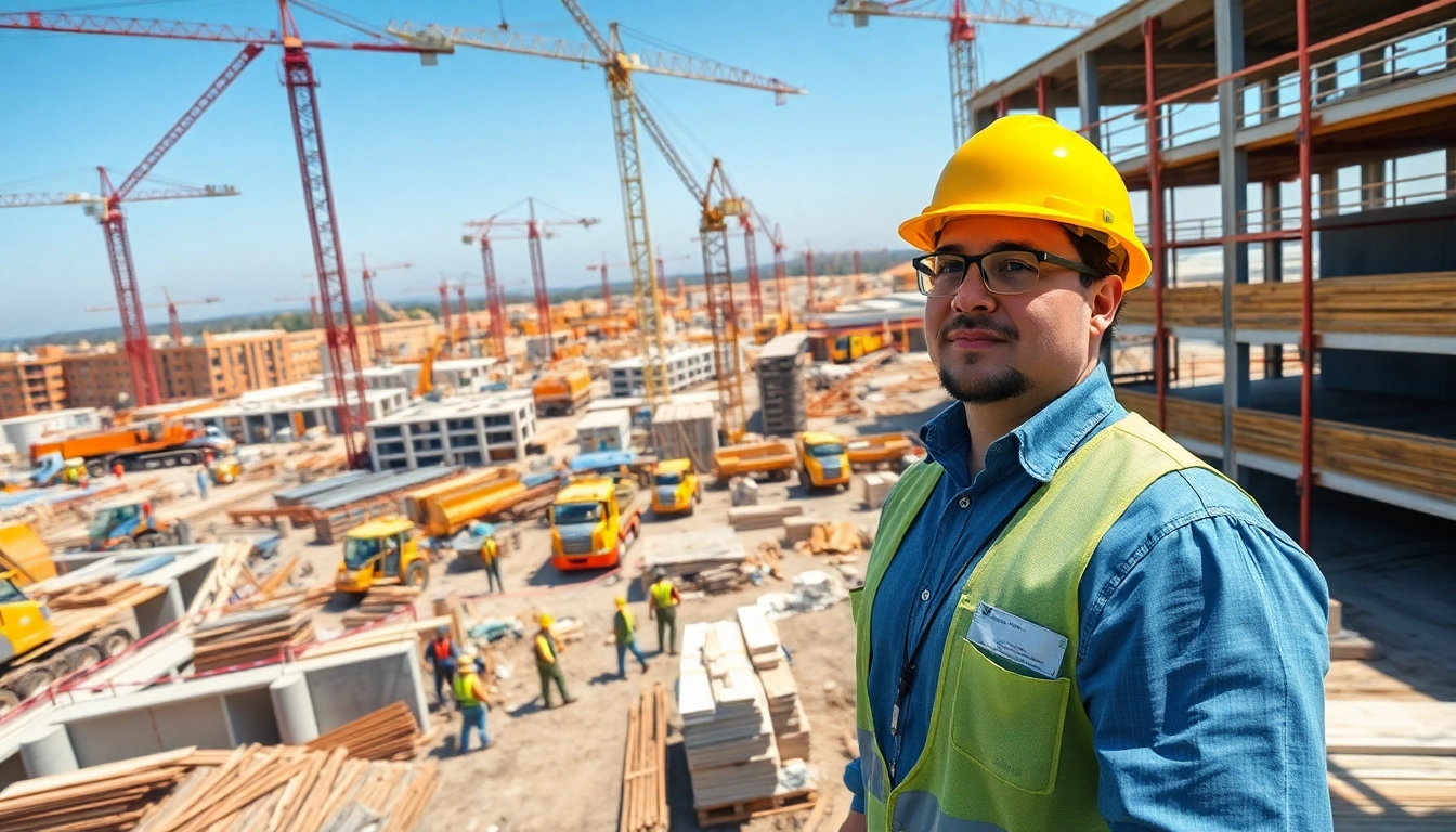 New Jersey Construction Manager overseeing a construction site filled with workers and machinery.