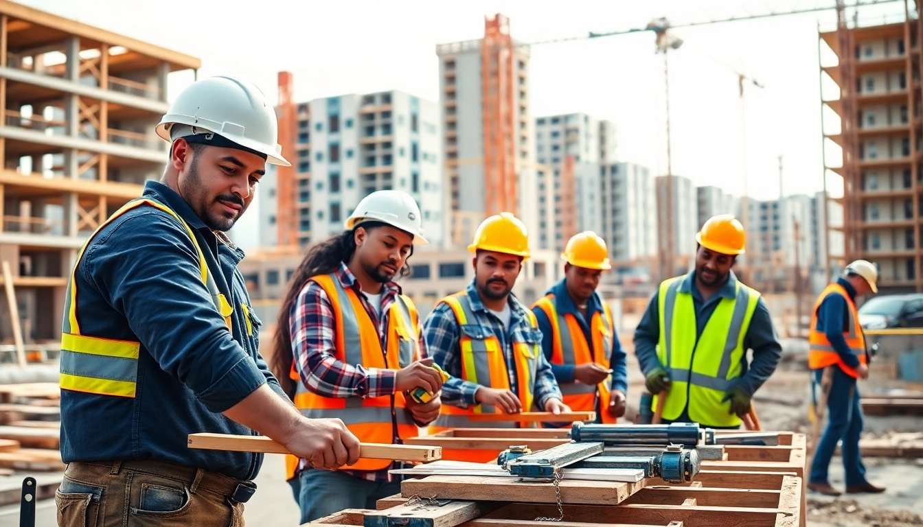 Construction apprenticeships Carolinas: Diverse apprentices collaborating on a vibrant job site highlighting skill development.