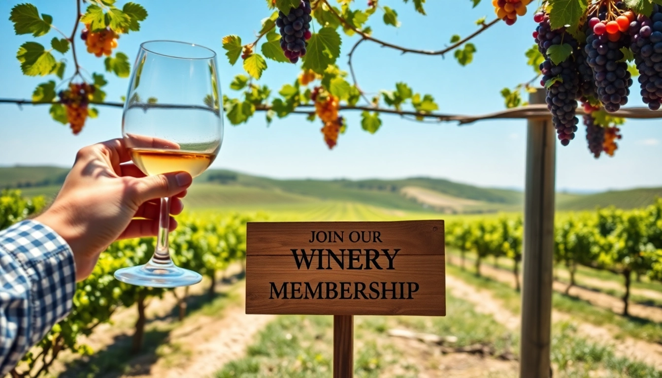 Engage with Winery Membership at a vineyard, featuring a glass of wine and stunning scenery.