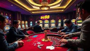 Gamblers enjoying an elegant poker game with sc88 chips and cards at a luxurious casino table.