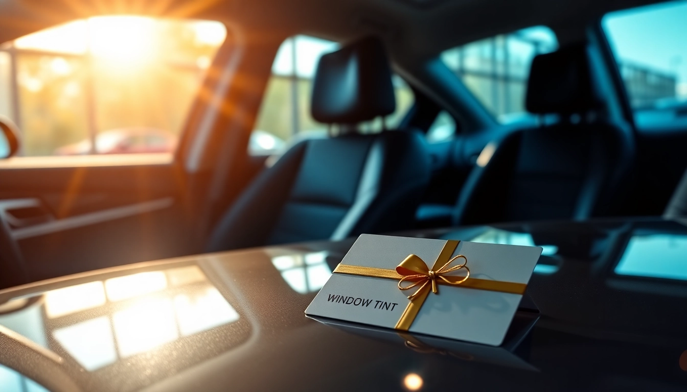 Offer a window tint gift card prominently displayed in an elegant automotive setting.