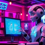 AI NSFW character interaction in a vibrant digital café setting