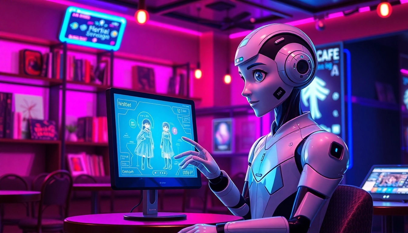AI NSFW character interaction in a vibrant digital café setting
