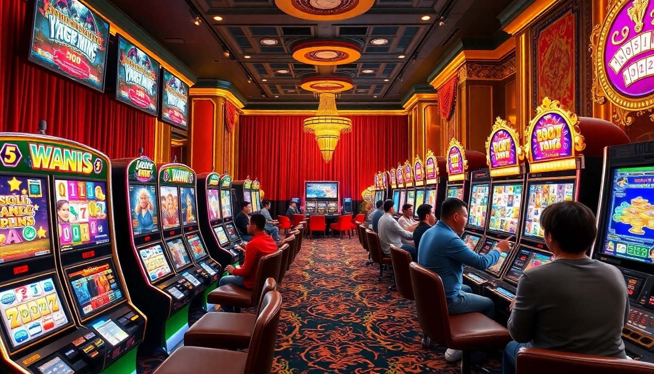 Excited players enjoying slot deposit pulsa games in a luxury casino setting with vivid machines.
