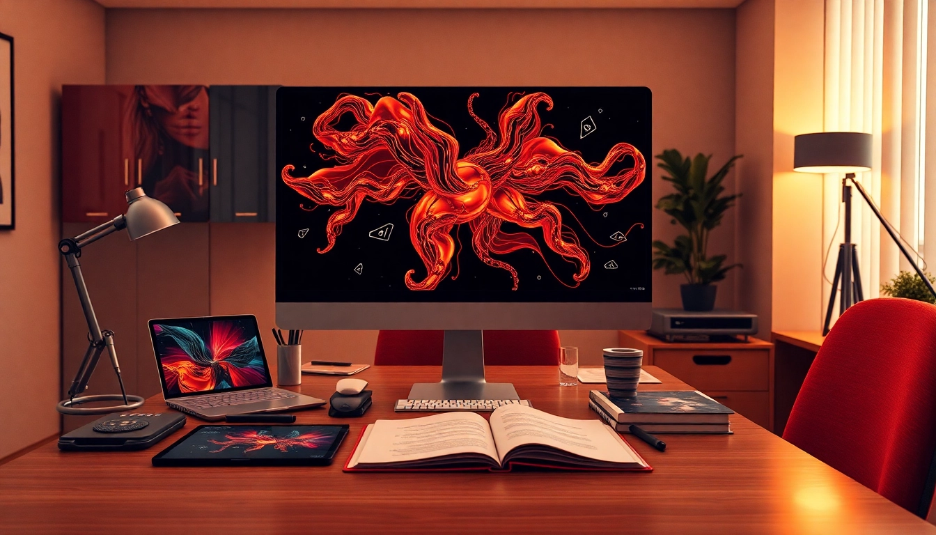 AI NSFW image generation workspace showcasing realistic art on screen in a creative office.