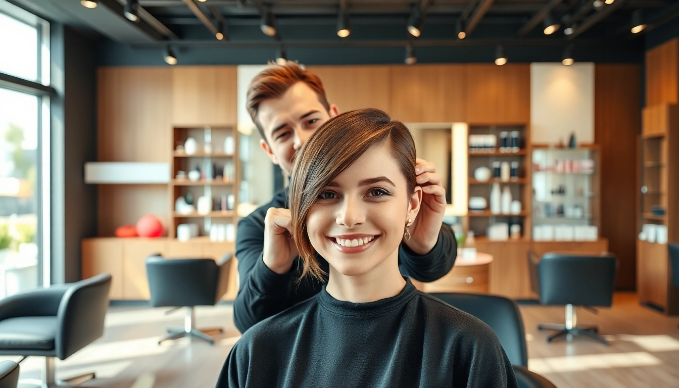 A hairstylist performs a tunsoare bucuresti in a modern salon environment, showcasing precision and style.