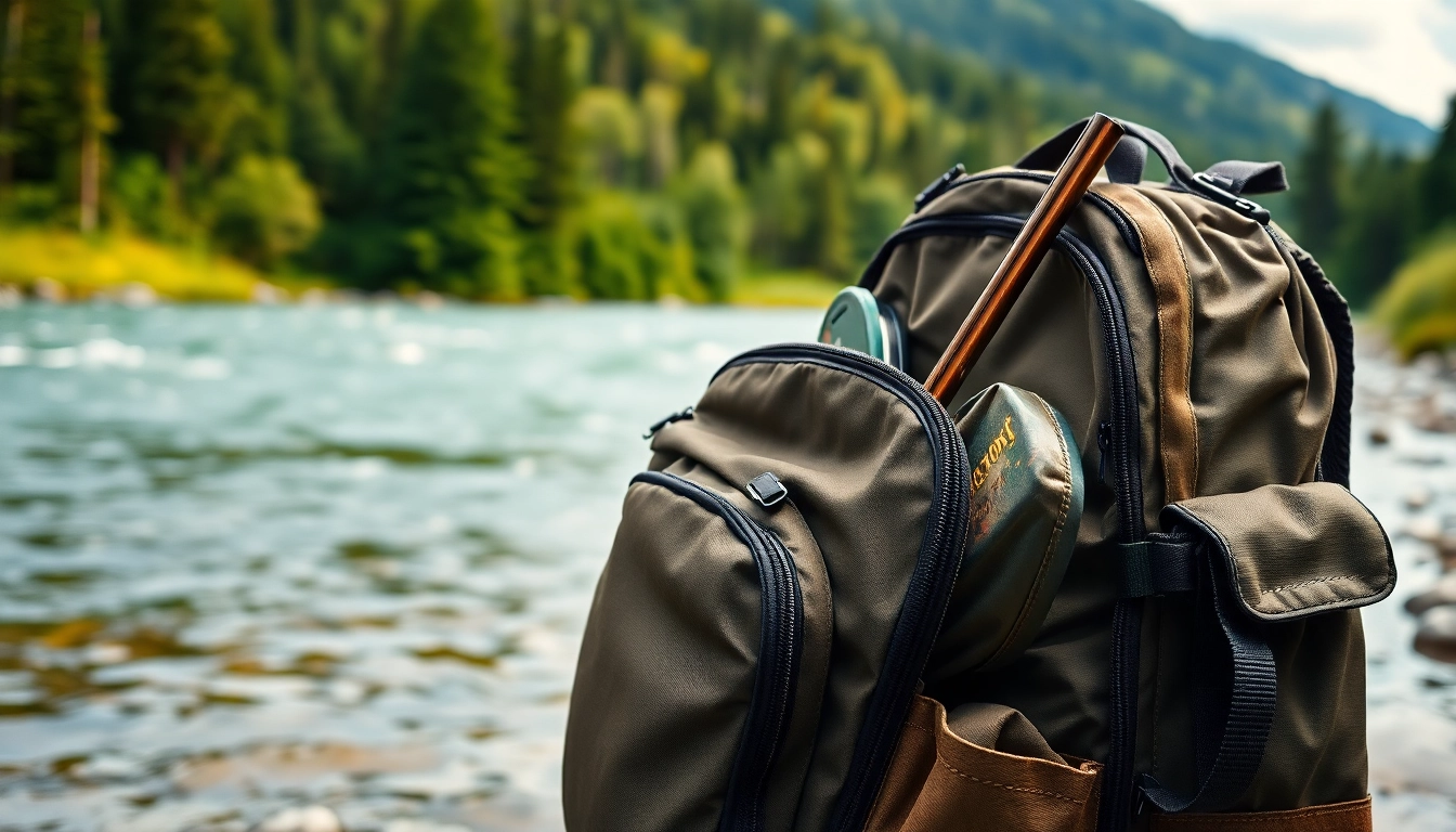 Discover a Fly fishing backpack showcasing its features by a calm river setting, inviting adventure.