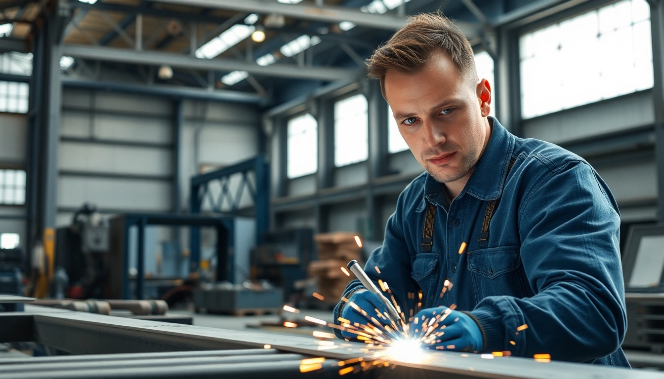 Welding process showcasing structural steel welding in an industrial setting with sparks and tools.