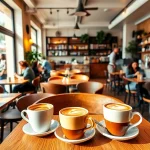 Kaffeetasse und gemütliche Sitze im Coffee Shop Lloret de Mar an einem sonnigen Tag genießen.