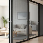 Moskitiery na drzwi balkonowe z eleganckim wykończeniem w nowoczesnym wnętrzu.