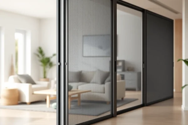 Moskitiery na drzwi balkonowe z eleganckim wykończeniem w nowoczesnym wnętrzu.