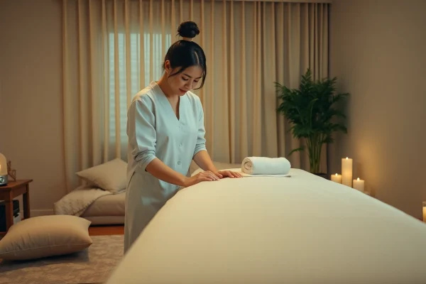 오산출장마사지 설정, 최상의 이완을 위한 아늑한 마사지 환경을 준비하는 젊은 마사지 테라피스트.