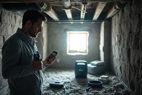 Crawl Space Restoration process showcasing a technician working with moisture meters in a basement.