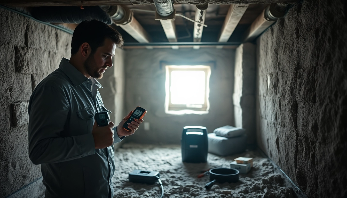 Crawl Space Restoration process showcasing a technician working with moisture meters in a basement.