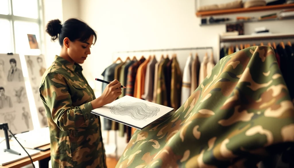 Ontdek unieke ontwerpen met camouflage print stoffen in een professioneel ontwerpstudio.