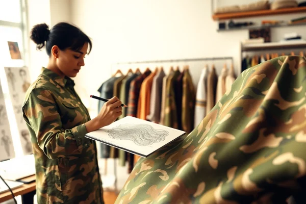 Ontdek unieke ontwerpen met camouflage print stoffen in een professioneel ontwerpstudio.