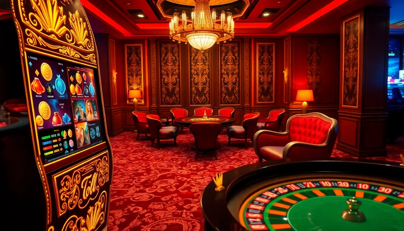 Adegan menarik dari mesin slot togel yang berwarna-warni di lingkungan kasino mewah.