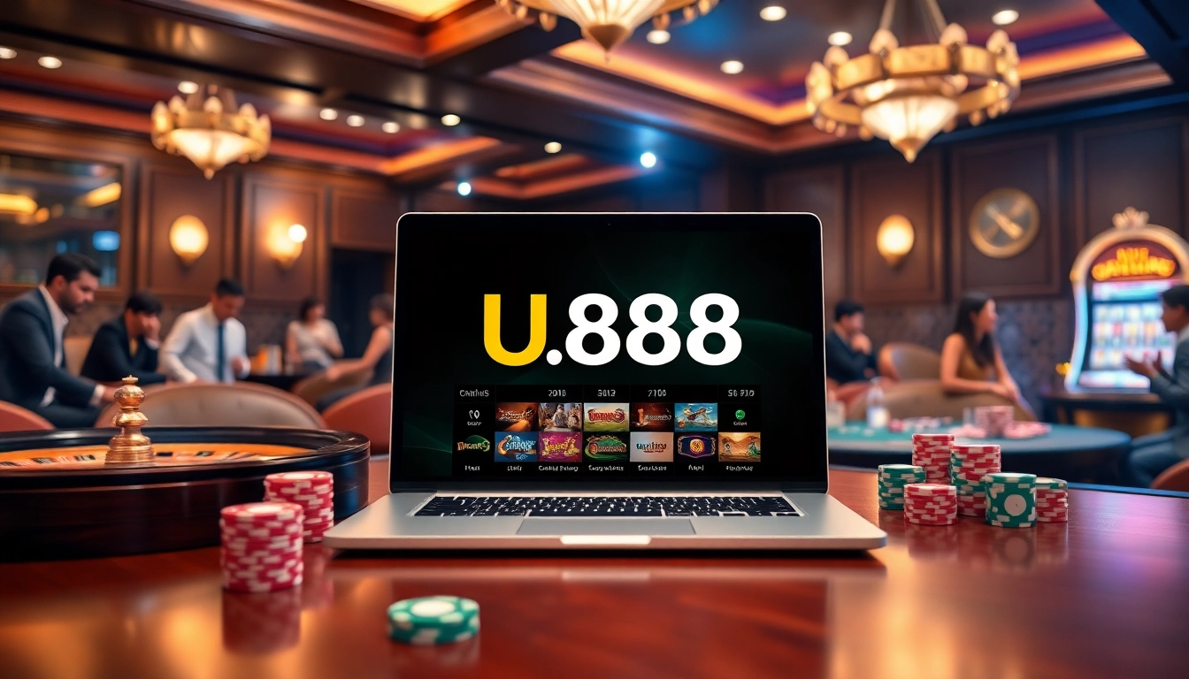 U888 players engaging in a thrilling casino experience with vibrant poker chips and a roulette wheel.