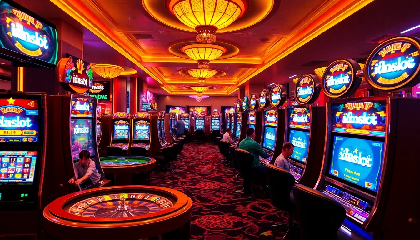 Engaged players enjoying idnslot gaming on luxurious casino machines.