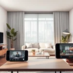 Cámaras EZVIZ exhibidas en una configuración de seguridad de sala de estar moderna, con iluminación natural y un ambiente acogedor.