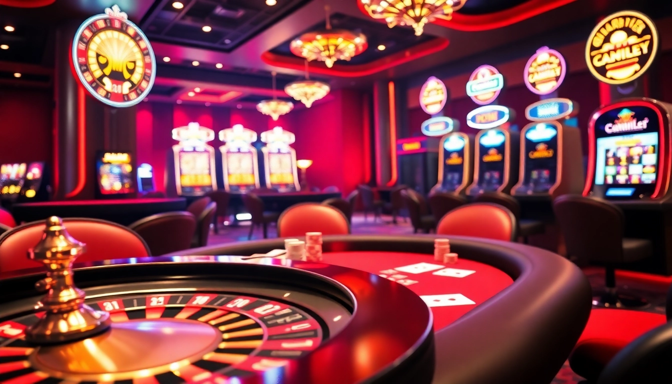Experience the thrilling atmosphere of NK88 with vibrant casino elements, showcasing exciting poker games and roulette.