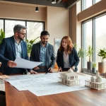 Start a residential architecture project with architects in a bright office discussing designs.