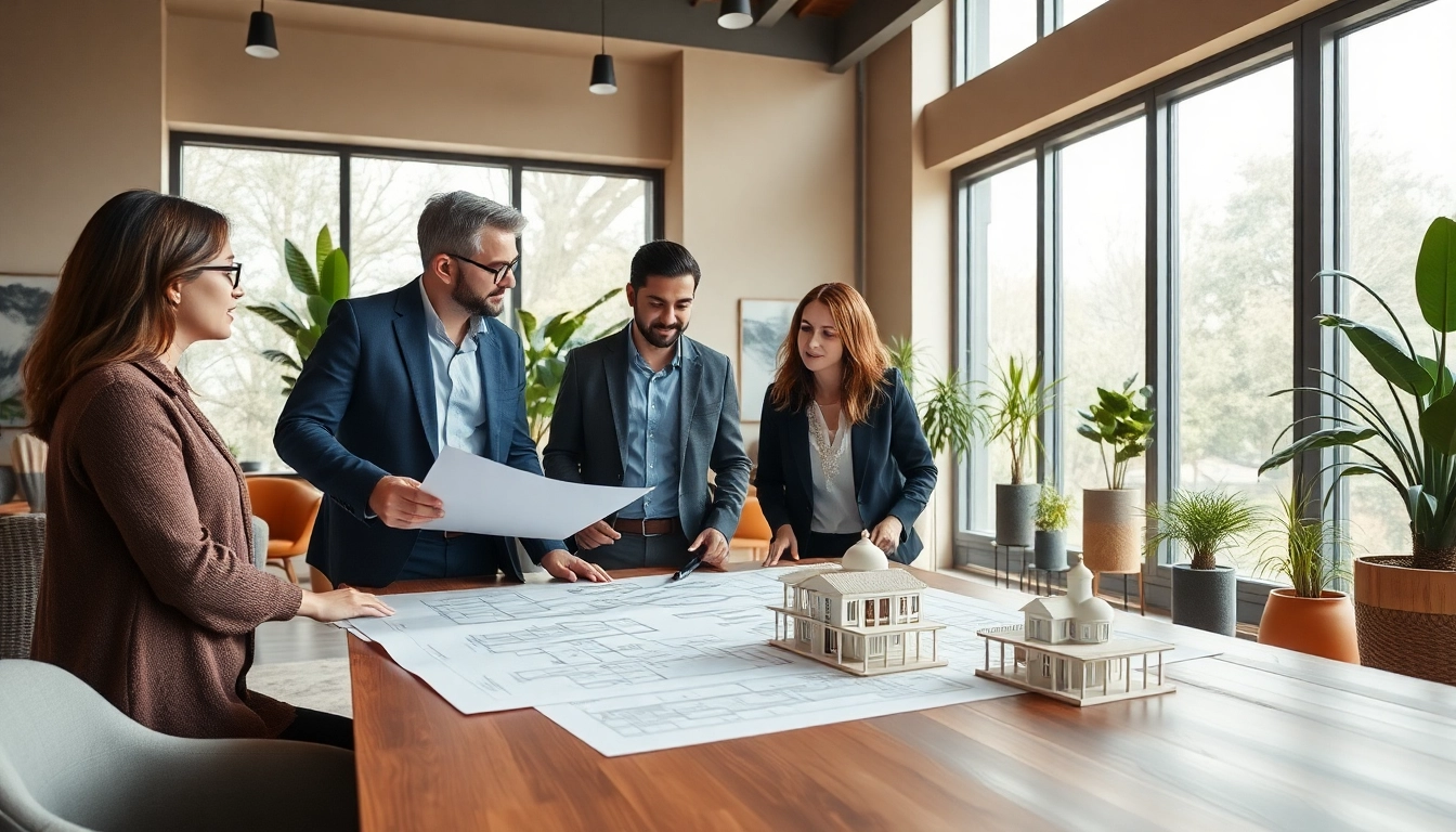 Start a residential architecture project with architects in a bright office discussing designs.