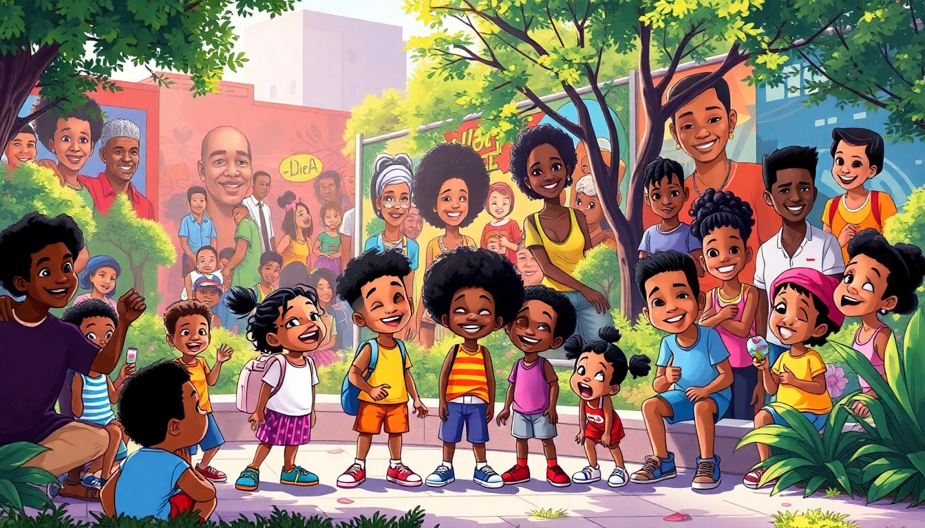 Celebrating African American Cartoons with children and characters in a vibrant park scene.