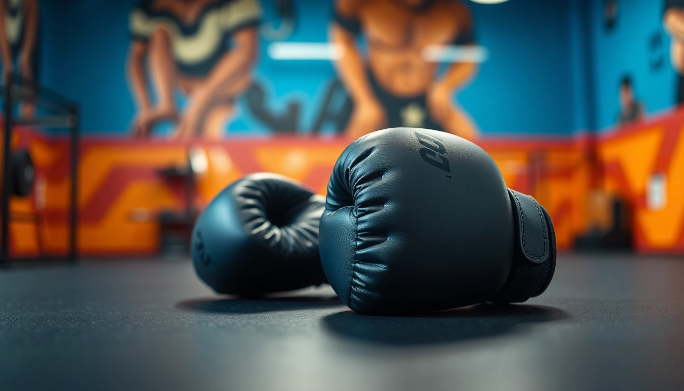 MMA gloves showcased on a black table with vibrant gym ambiance and natural lighting.