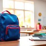 Praktische Handytasche Schule auf einem Schreibtisch mit Schulmaterialien.