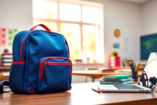 Praktische Handytasche Schule auf einem Schreibtisch mit Schulmaterialien.