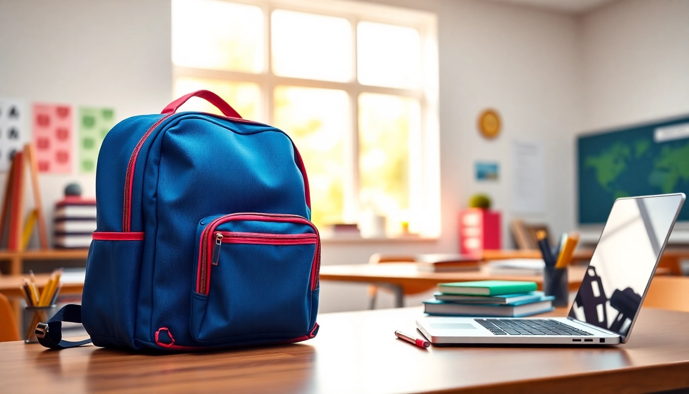 Praktische Handytasche Schule auf einem Schreibtisch mit Schulmaterialien.