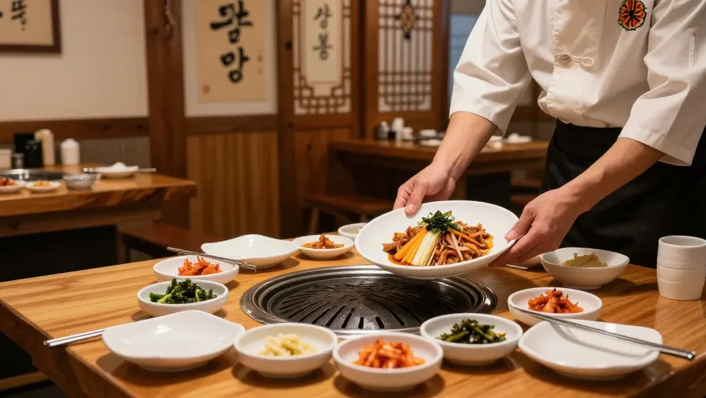 상봉동 한국관 featuring a chef serving traditional Korean barbecue in a cozy, beautifully decorated restaurant setting.