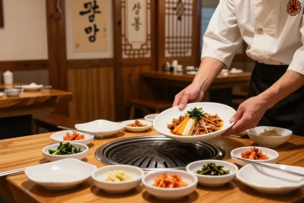 상봉동 한국관 featuring a chef serving traditional Korean barbecue in a cozy, beautifully decorated restaurant setting.