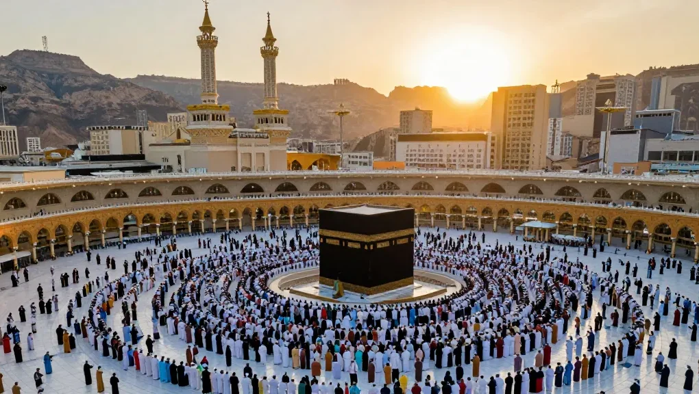 Umroh Full Ramadhan travelers at Masjid Al-Haram, a vibrant sacred pilgrimage experience.